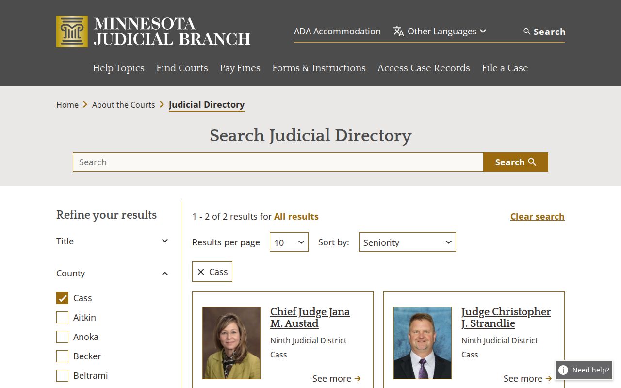 Cass County municipal warrant courts shown in the Minnesota judicial directory