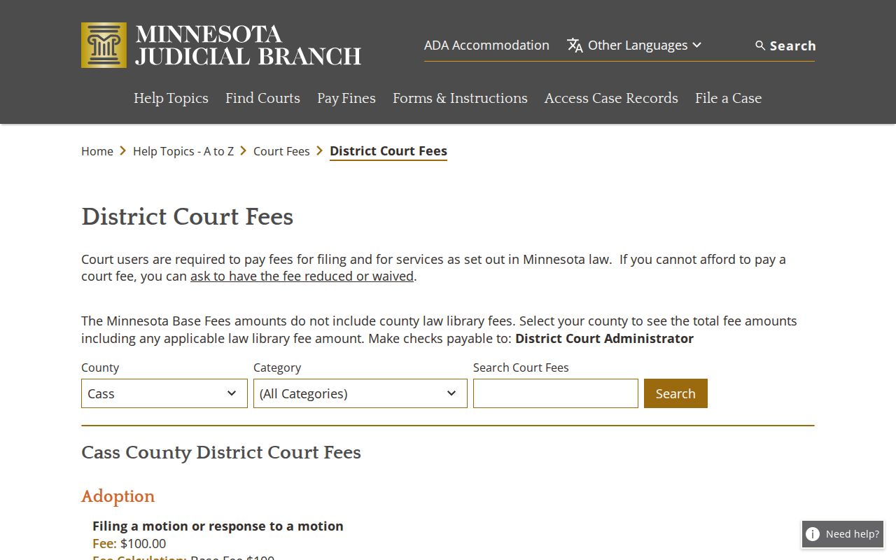 Cass County warrant records district court fee table