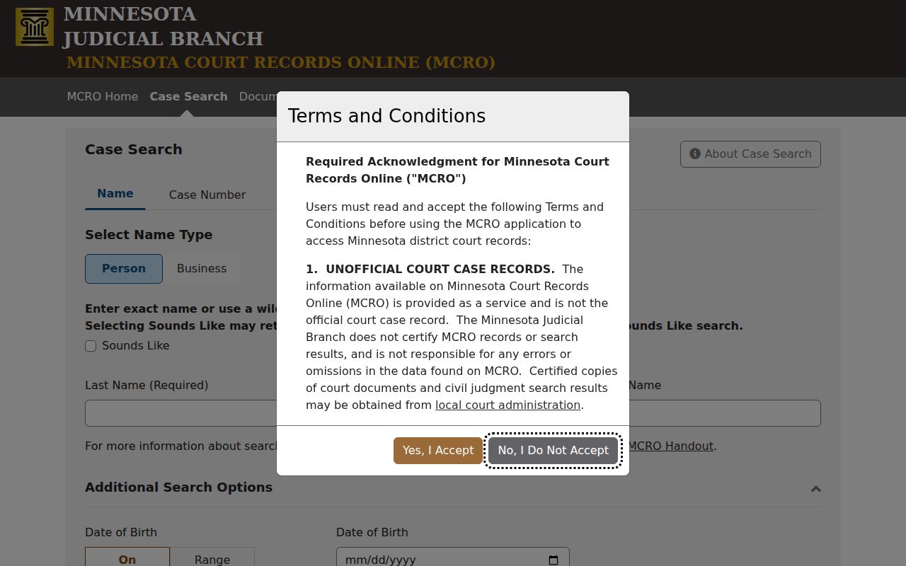 Cass County warrant lookup fields in the Minnesota court records search form