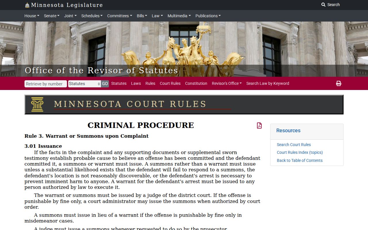 Cass County arrest warrant records and Minnesota criminal rule 3 text